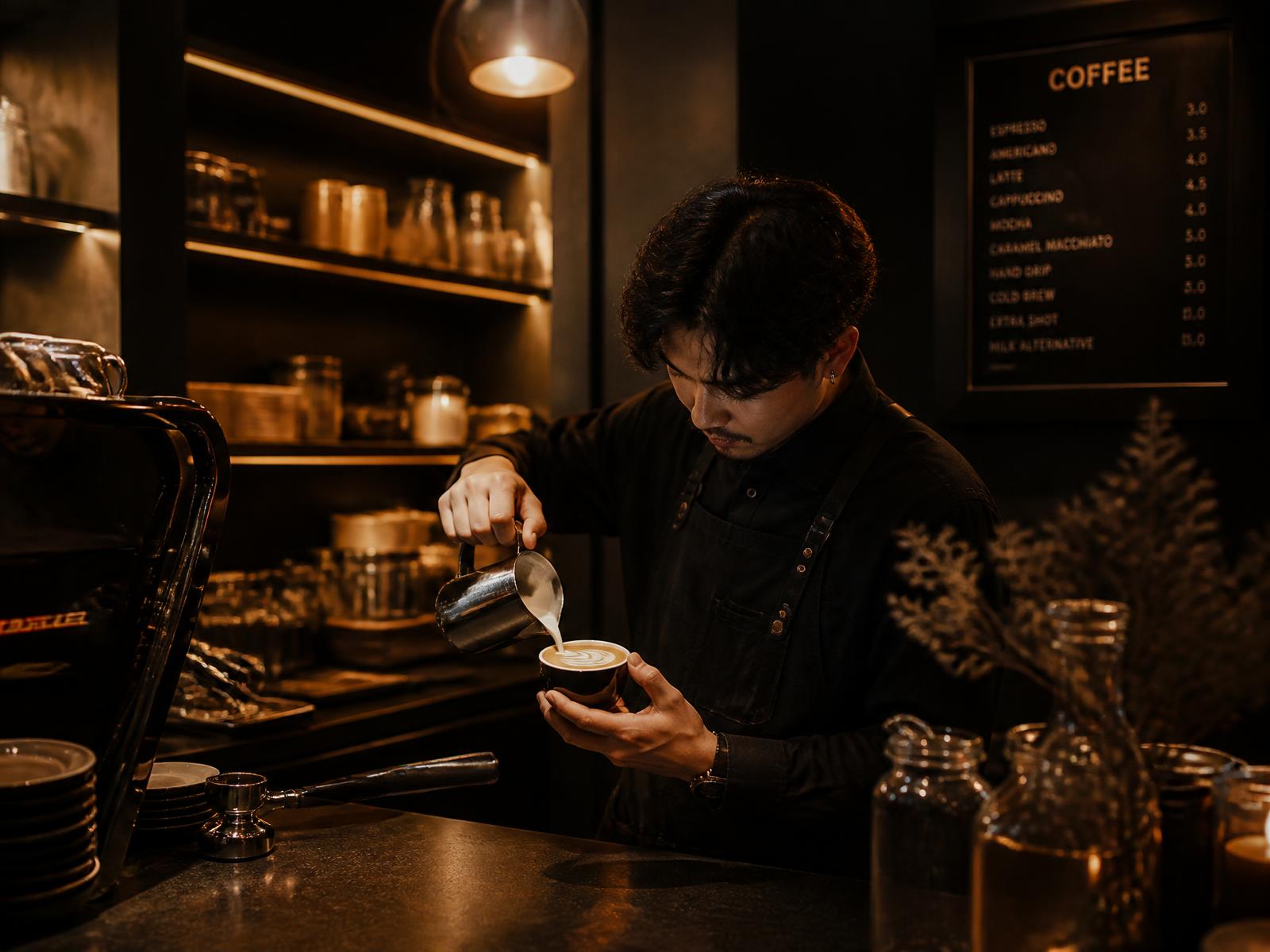 Barista pouring latte art at If Cafe in Basrah