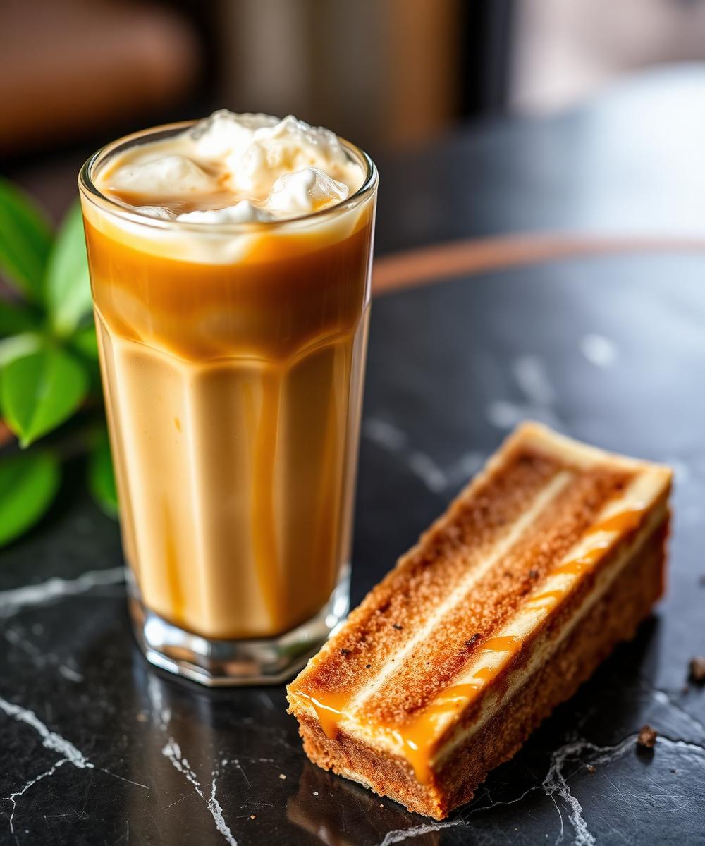 Iced caramel latte with a cake slice